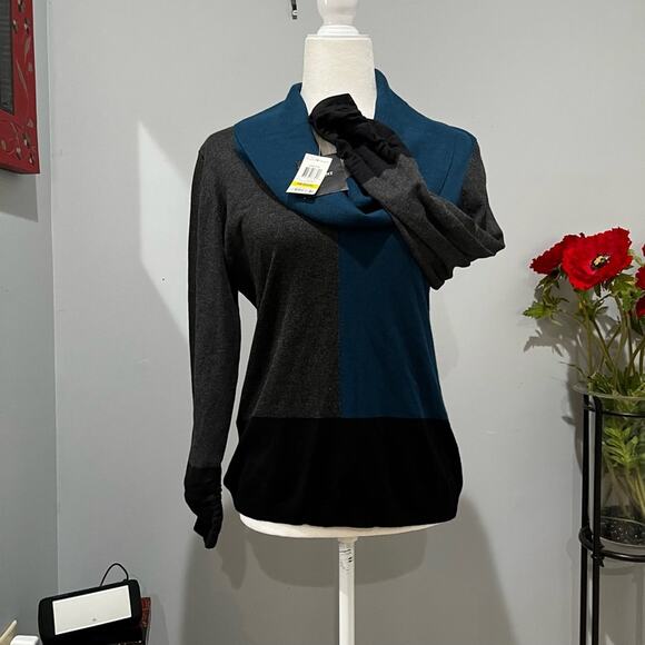 NEW Alfani Colorblock Cowl Neck Ruched Layering Tri-Tone Relaxed Sweater M NWT - Picture 2 of 14